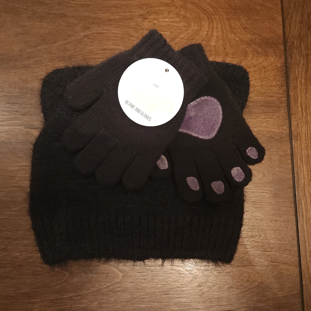 Black Knit Scarf and Gloves Set Cat Ear Beanie And Gloves Kids OSFM